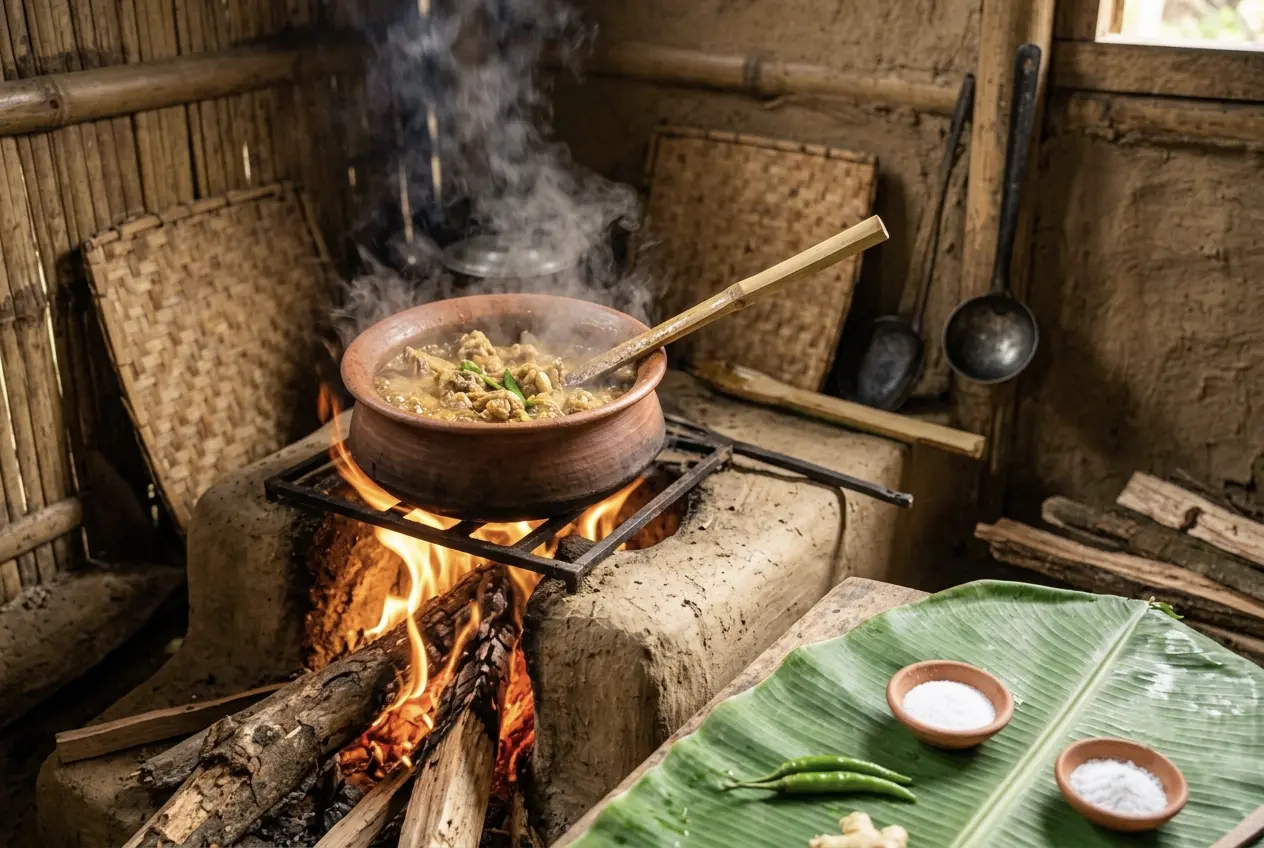 A close-up view of the central part of the traditional Garo meal, focusing on a rustic terracotta bowl filled with Garo style chicken stew (Do·o Kapa), garnished with green chillies and herbs, with a wooden ladle, alongside a portion of red rice and a small clay salt dish on a prominent banana leaf platter.