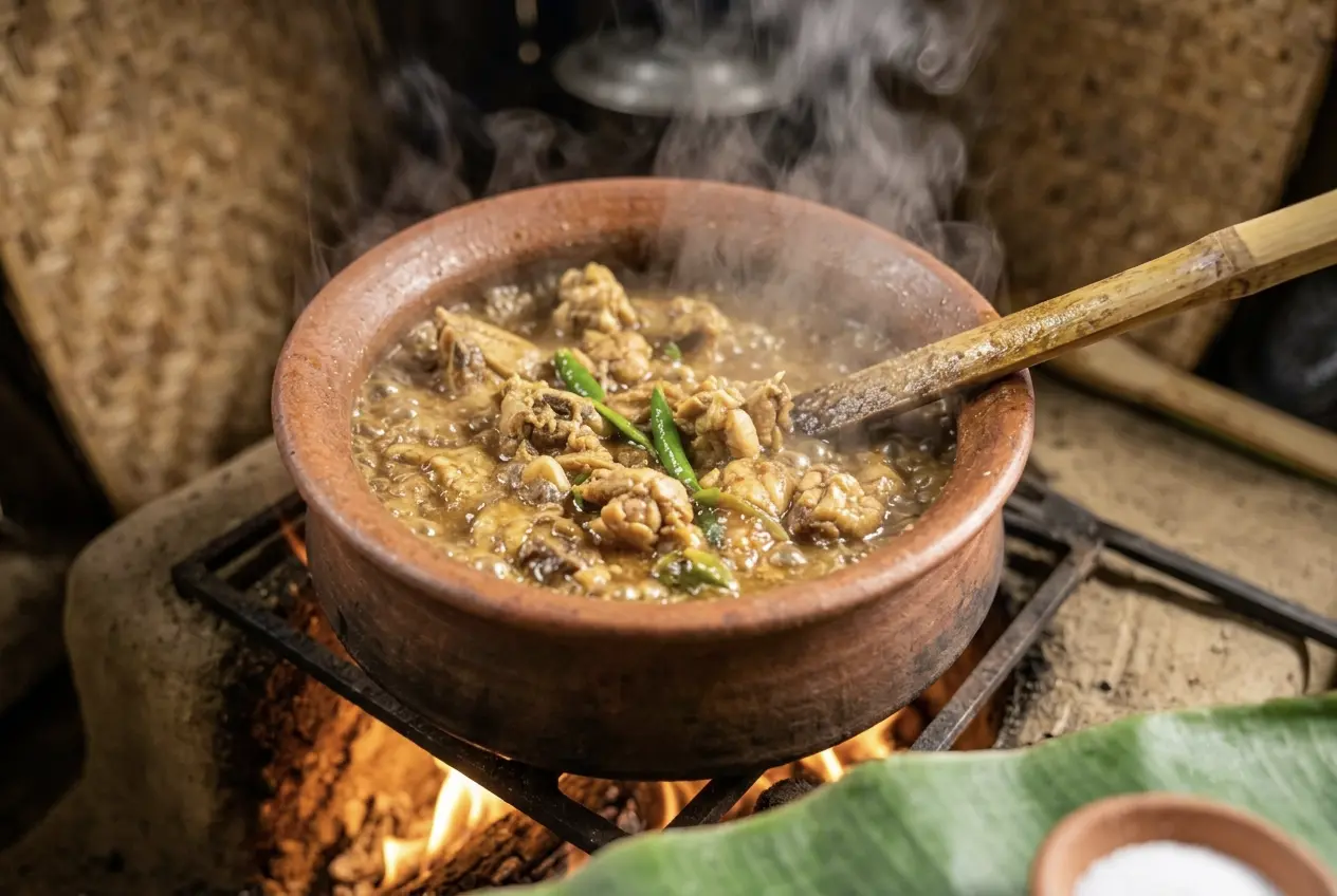 A tight, detailed close-up of a rustic terracotta bowl containing a traditional Garo chicken stew (Do·o Kapa), featuring soft-cooked chicken pieces, visible green chillies, and herbs in a rich brown gravy, with a wooden spoon resting in it, all set on a banana leaf platter in a traditional, rustic Garo kitchen environment.