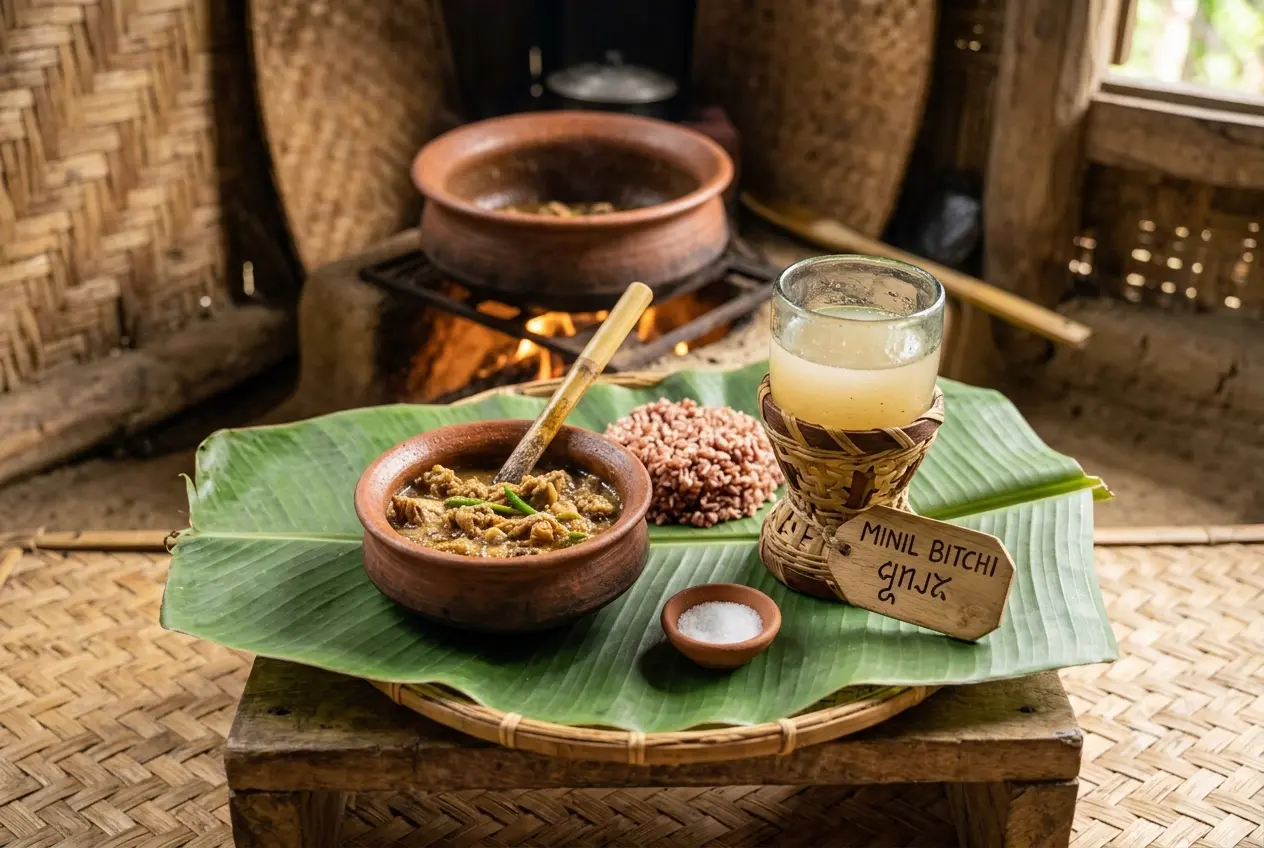 A clear, focused shot of a traditional Garo beverage, Minil Bitchi rice wine, served in a simple glass held within a decorative woven bamboo sleeve. A hand-written wooden tag, attached with twine, clearly displays "MINIL BITCHI" in English and corresponding Garo script, resting on a woven bamboo tray base.