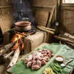 A complete traditional Garo meal presented on a vibrant green banana leaf platter, featuring a rustic terracotta bowl of chicken stew, a pile of red rice, a clay salt dish, and a clear glass of Minil Bitchi traditional rice wine with a labeled wooden tag and Garo script, all resting on a bamboo tray and rustic wooden stand in a rural kitchen setting with a blurred hearth fire.