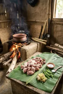 A complete traditional Garo meal presented on a vibrant green banana leaf platter, featuring a rustic terracotta bowl of chicken stew, a pile of red rice, a clay salt dish, and a clear glass of Minil Bitchi traditional rice wine with a labeled wooden tag and Garo script, all resting on a bamboo tray and rustic wooden stand in a rural kitchen setting with a blurred hearth fire.